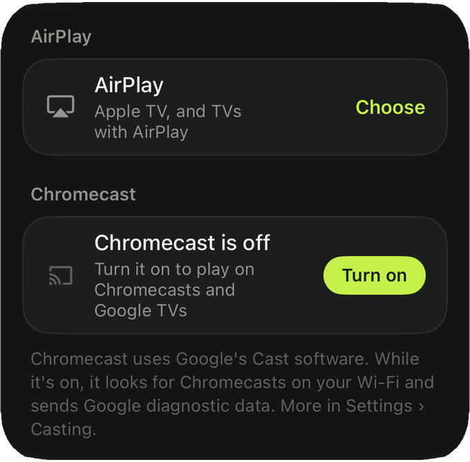 YourView's Play on TV menu, with AirPlay and Chromecast