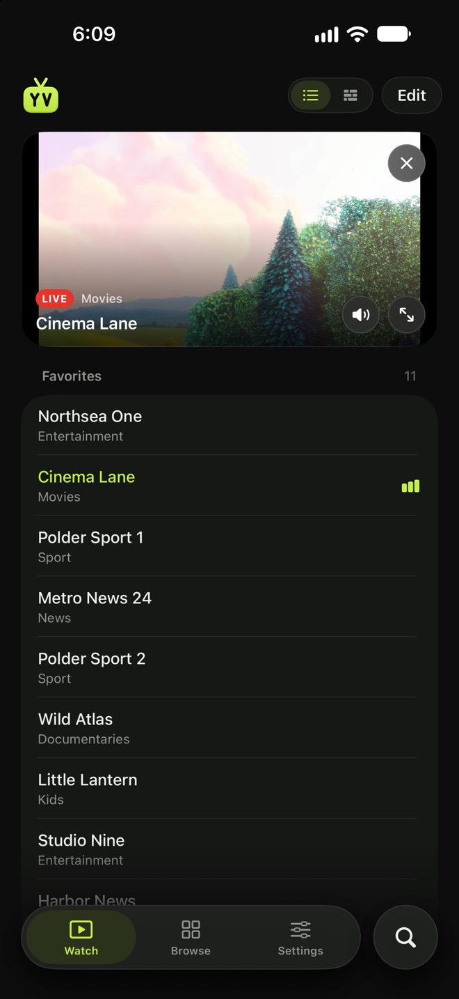 YourView's screen: Your favorites, with a live preview